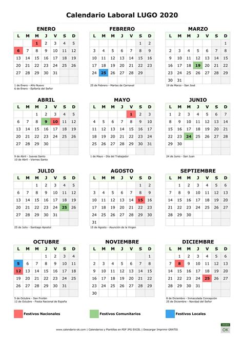 Calendario Laboral 【LUGO 2020】 para IMPRIMIR