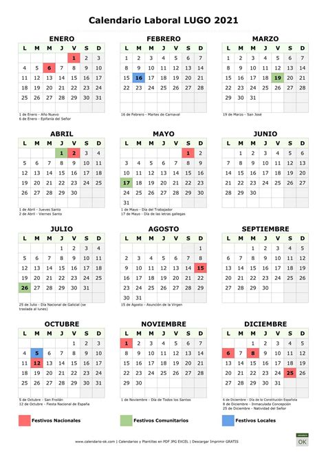 Calendario Laboral 【LUGO 2021】 para IMPRIMIR