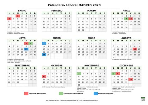Calendario Laboral 【MADRID 2020】 para IMPRIMIR