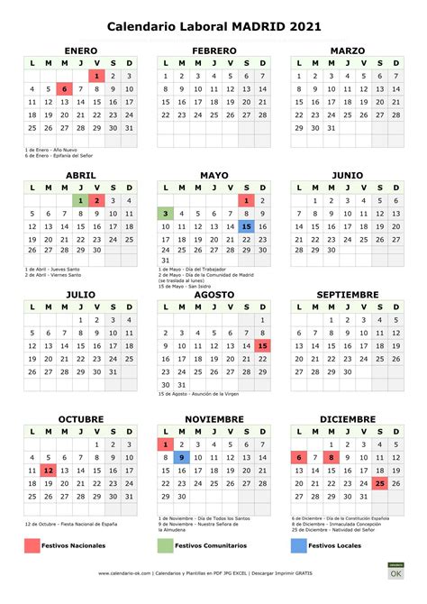 Calendario Laboral 【MADRID 2021】 para IMPRIMIR