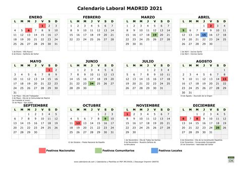 Calendario Laboral 【MADRID 2021】 para IMPRIMIR