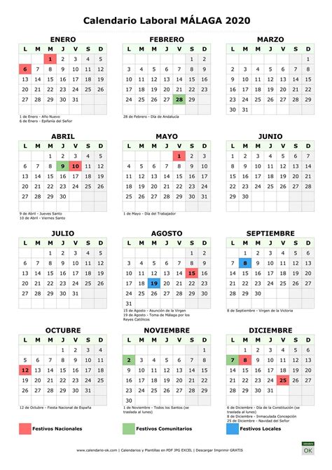 Calendario Laboral 【MÁLAGA 2020】 para IMPRIMIR