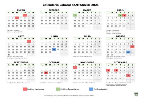 Calendario Laboral 【SANTANDER 2021】 para IMPRIMIR