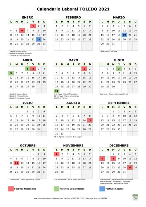 Calendario Laboral 【TOLEDO 2021】 para IMPRIMIR