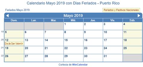 Calendario Mayo 2019 para imprimir   Puerto Rico