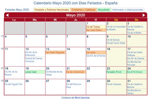 Calendario Mayo 2020 para imprimir   España