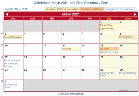 Calendario Mayo 2021 para imprimir   Perú