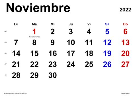 Calendario noviembre 2022 en Word, Excel y PDF   Calendarpedia