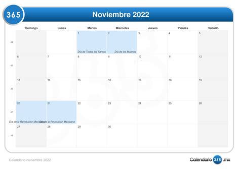 Calendario noviembre 2022