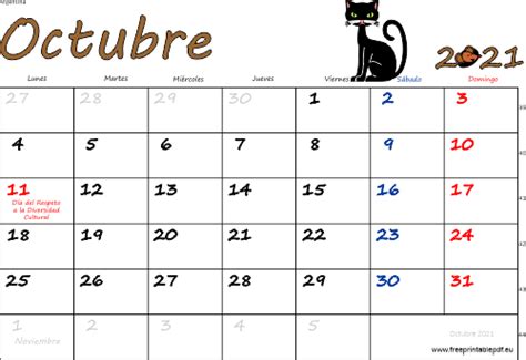 Calendario Octubre 2021 Argentina | Imprimir el PDF Gratis