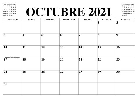 CALENDARIO OCTUBRE 2021 : EL CALENDARIO OCTUBRE PARA IMPRIMIR GRATIS ...