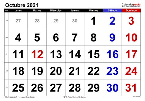 Calendario octubre 2021 en Word, Excel y PDF   Calendarpedia