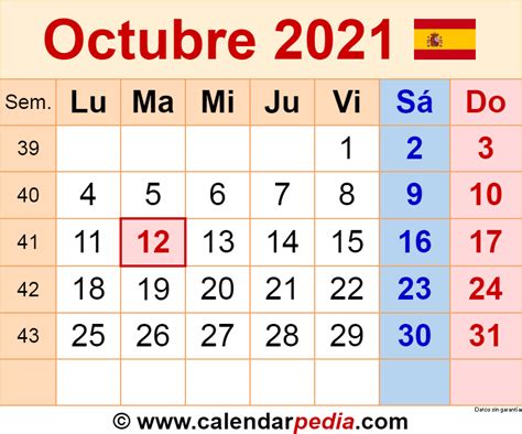 Calendario octubre 2021 en Word, Excel y PDF   Calendarpedia