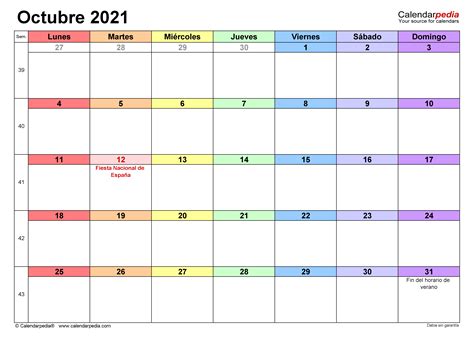 Calendario octubre 2021 en Word, Excel y PDF   Calendarpedia