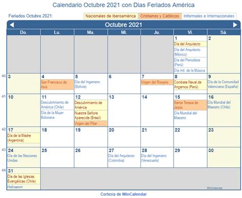 Calendario Octubre 2021 para imprimir   América