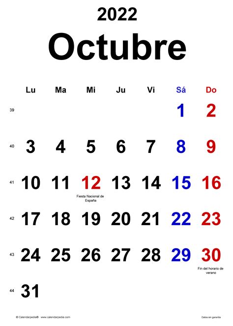 Calendario octubre 2022 en Word, Excel y PDF   Calendarpedia