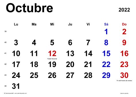 Calendario octubre 2022 en Word, Excel y PDF   Calendarpedia