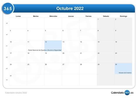 Calendario octubre 2022