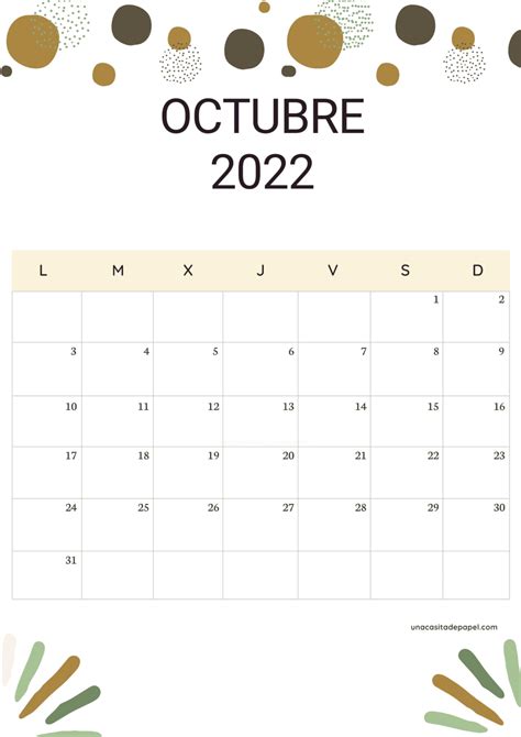 Calendario Octubre 2022 para imprimir GRATIS ️ Una Casita de Papel