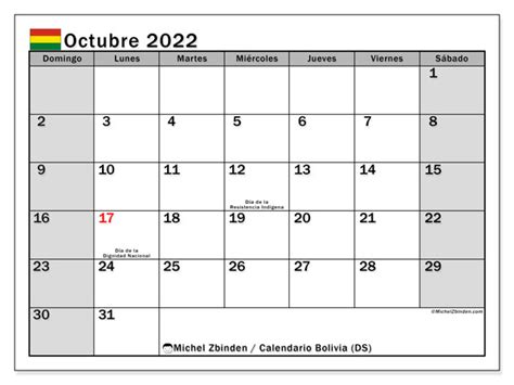 Calendario octubre de 2022 para imprimir “44DS”   Michel Zbinden BO