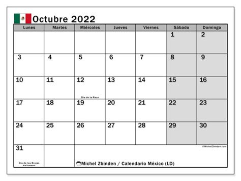 Calendario octubre de 2022 para imprimir “46LD”   Michel Zbinden MX
