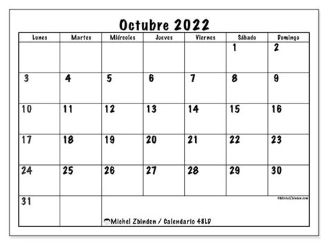 Calendario octubre de 2022 para imprimir “48LD”   Michel Zbinden ES