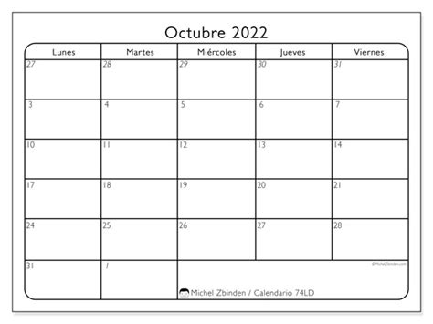 Calendario octubre de 2022 para imprimir “74LD”   Michel Zbinden ES