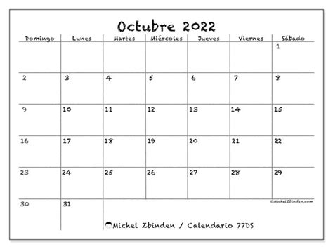 Calendario octubre de 2022 para imprimir “77DS”   Michel Zbinden ES