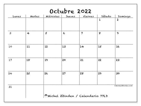 Calendario octubre de 2022 para imprimir “77LD”   Michel Zbinden ES