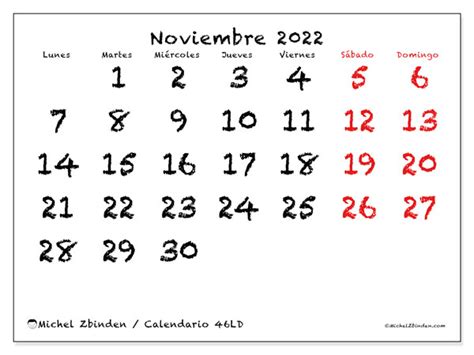 Calendario “46LD” noviembre de 2022 para imprimir   Michel Zbinden ES