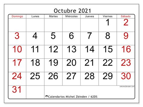 Calendario “62DS” octubre de 2021 para imprimir   Michel Zbinden ES