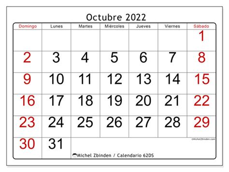 Calendario “62DS” octubre de 2022 para imprimir   Michel Zbinden ES