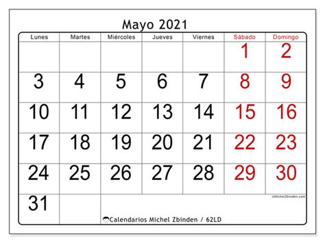 Calendario “62LD” mayo de 2021 para imprimir   Michel ...