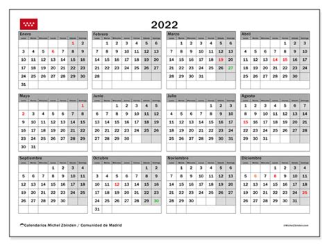 Calendario “Comunidad de Madrid” 2022 para imprimir   Michel Zbinden ES