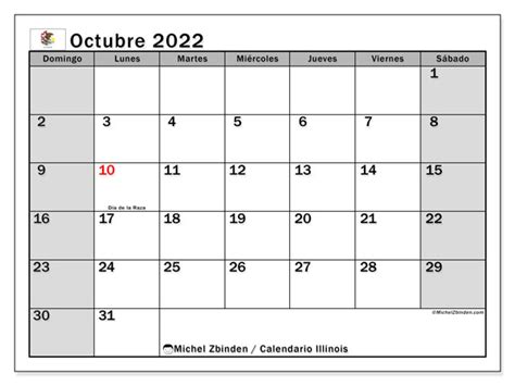 Calendario “Illinois” octubre de 2022 para imprimir   Michel Zbinden ES