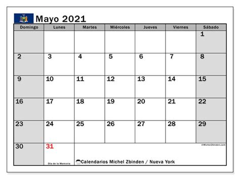 Calendario “Nueva York” mayo de 2021 para imprimir ...