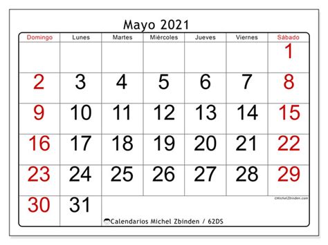 Calendarios mayo 2021 “Domingo   Sábado”   Michel Zbinden ES