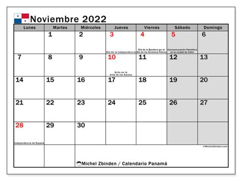 Calendarios noviembre 2022 “Días feriados”   Michel Zbinden ES