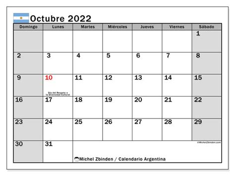 Calendarios Octubre 2022 D 237 As Feriados Michel Zbinden Es   AriaATR.com