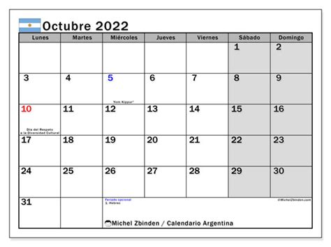 Calendarios octubre 2022 “Días feriados”   Michel Zbinden ES