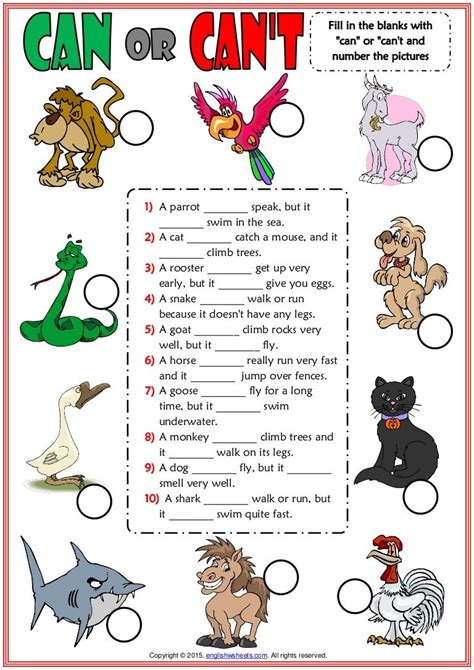 Can or can t esl worksheet with animals vocabulary for kids