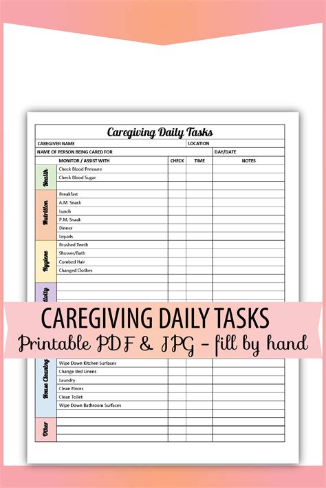 Care Giving Caregiver Daily Tasks Form Printable PDF & JPG | Etsy