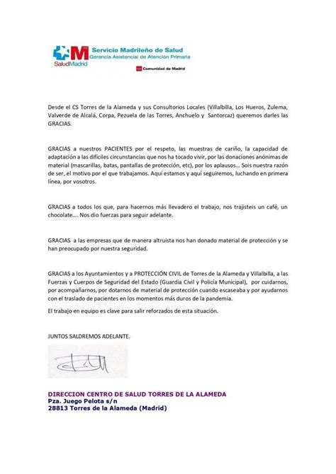 Carta de Agradecimiento Centro de Salud – Ayuntamiento de ...