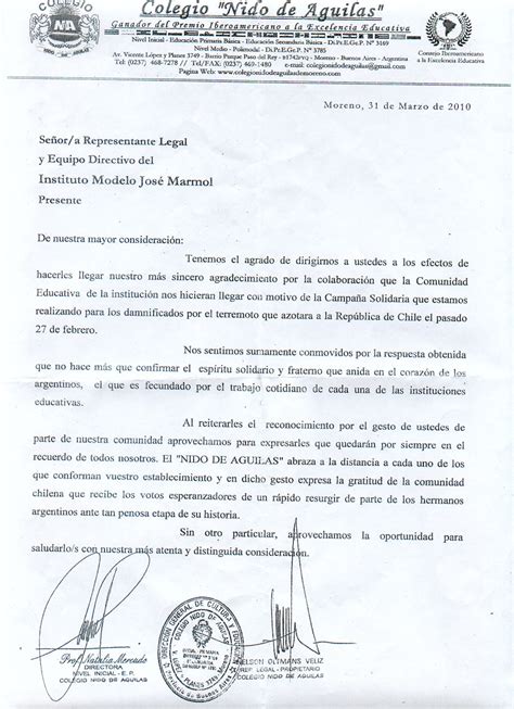 Carta de agradecimiento del Colegio  Nido de Aguilas  al ...