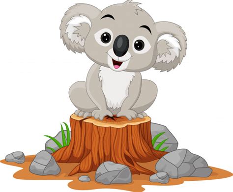 Cartoon baby koala sitting on tree stump Vector | Premium ...