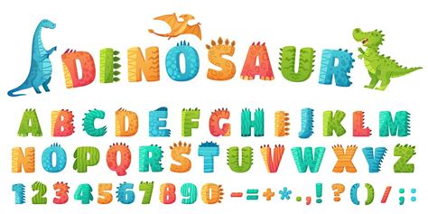 Cartoon dino font. Dinosaur alphabet letters and numbers, funny dinos ...