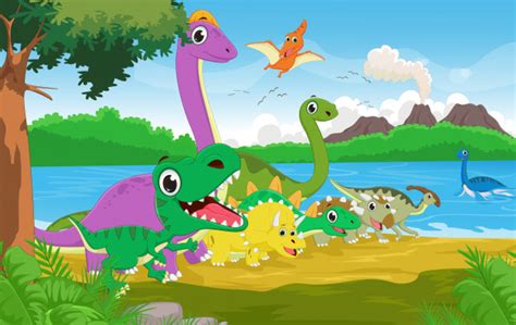 Cartoon group of dinosaur with the prehistoric background ...