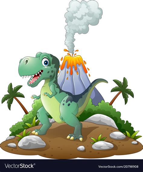 Cartoon happy dinosaur in prehistoric background Vector Image