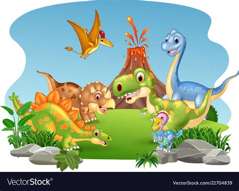 Cartoon happy dinosaurs in the jungle Royalty Free Vector