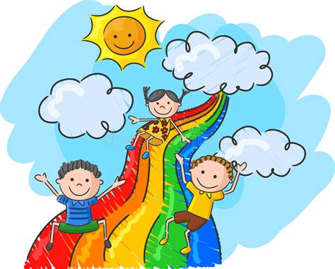 Cartoon Little Kids Playing Slide Rainbow Stock Vector ...
